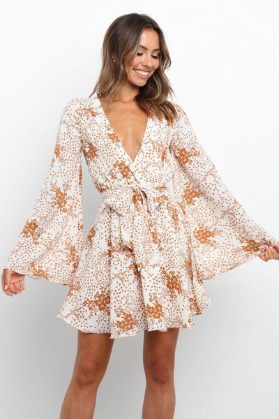 

casual dresses loose ruffled women's dress floral print flared sleeves deep v neck bohemian mini women spring and autumn high waist, Black;gray