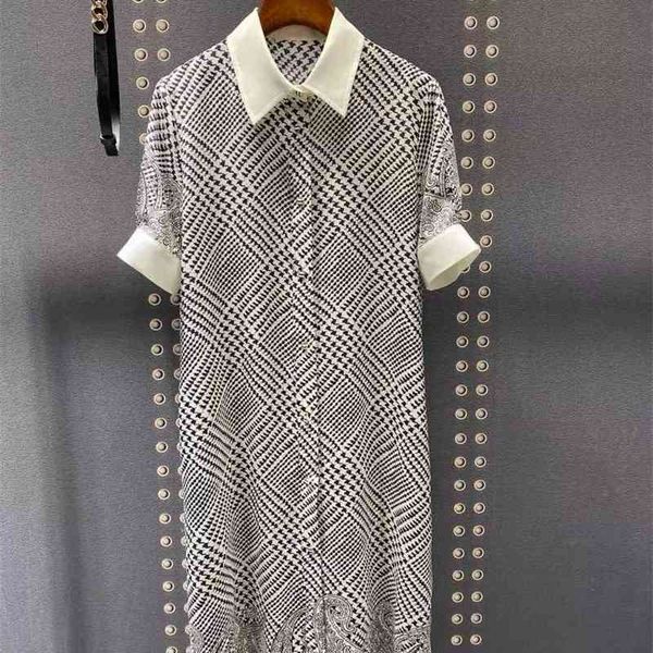 

truevoker summer silk straigth dress lady short sleeve peter pan collar vintage print casual robe 210602, Black;gray