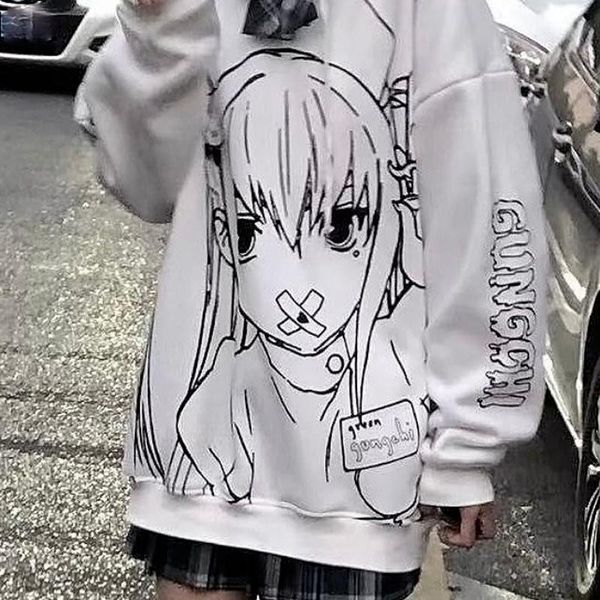 

women's hoodies & sweatshirts women harajuku anime 2021 autumn winter japanese streetwear oversized hoodie sweatshirt long sleeve white, Black