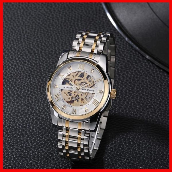 

gold tone automatic wristwatch pink cohome waterproof steel mechanical clocks watch montre homme relogio automatico masculino wristwatches, Slivery;brown