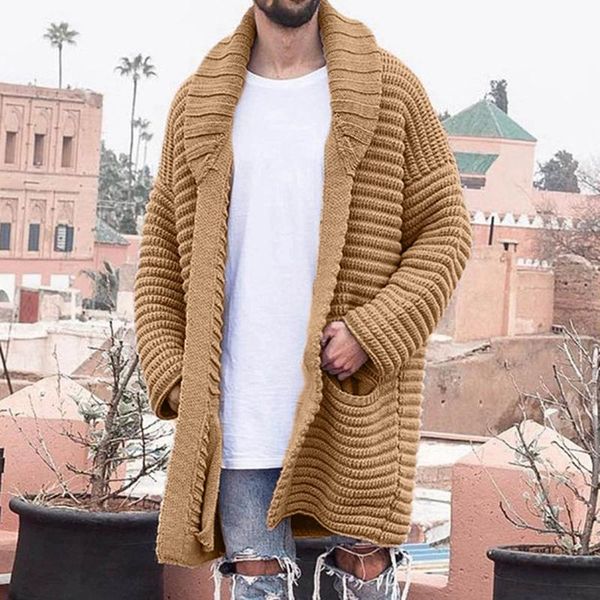 

men's sweaters autumn winter cardigan sweater coat knitted medium length long sleeve lapel pocket solid thicken warm casual coats, White;black