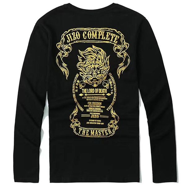 

men's t-shirts japanese tattoo gold printing cotton long-sleeved t shirt men loose hip hop rock tee shirts motorcycle t-shirt, White;black