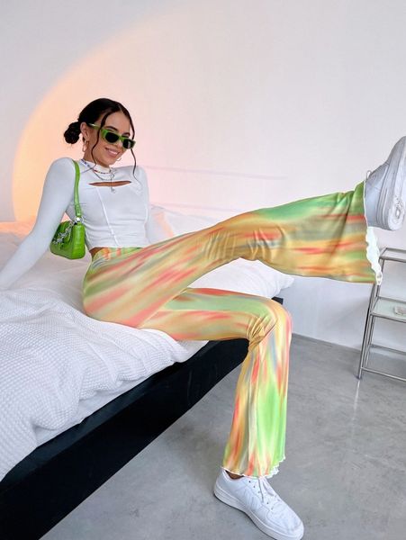 

tie dye high waist flare leg pants k5kf#, Black;white