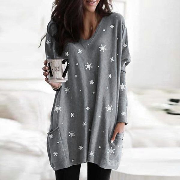 

women's blouses & shirts women fashion fall snow print long sleeve blouse with casual loose pocket blusas, White