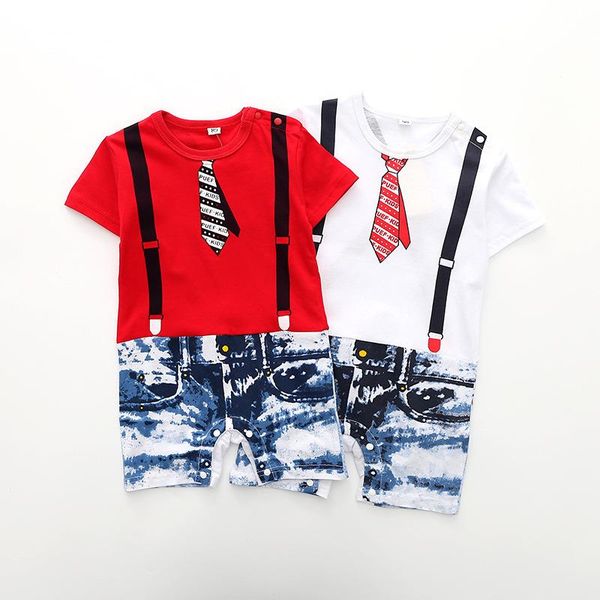 

jumpsuits baby boy one piece playsuits short sleeve tie printed gentleman outfits cotton pullover jumpsuit shortalls toddler boy's romp, Blue