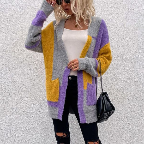 

women's knits & tees zjzll european american style autumn winter sweater faux mink irregular square stitching contrast color cardigan, White