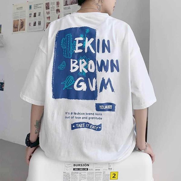

gothic summer t-shirt male korean version loose trend short-sleeved wild casual men and women half-sleeved oversized shirt 210526, White;black