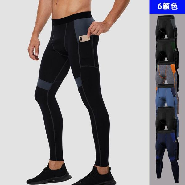 

men sweatpant quickly dry elastic legging tights with pocket running jogger fitness gym training athletic pant sportswear pants, Black;blue