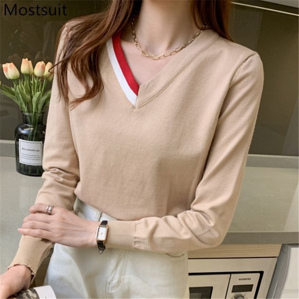 

color-blocked v-neck knitted jumpers sweaters women spring autumn full sleeve korean elegant fashion pullover femme 210518, White;black