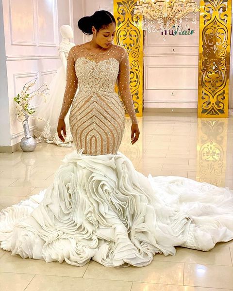 Árabe Aso Ebi 2021 Sereia Lace Beaded Wedding Woods Sheer Neck Tiers Mangas compridas Vestidos nupciais ZJ206