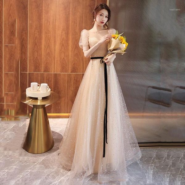 

ethnic clothing champagne sweetheart neck cheongsam perspective puff sleeve qipao mesh pleated prom dress gown sequins bowknot sashes vestid, Red