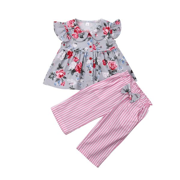 

1-4t baby girls clothes set floral print shirt for girls ruffle short sleeve kids red striped long pant girl set clothing, White