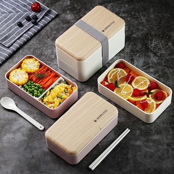 

dinnerware sets container lunch box wooden double layers no leak bento with spoon for student commuters