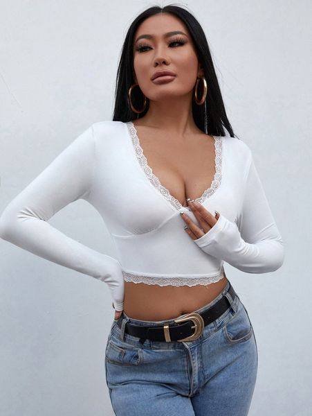 

petite lace trim tie back crop tee 98ep#, White