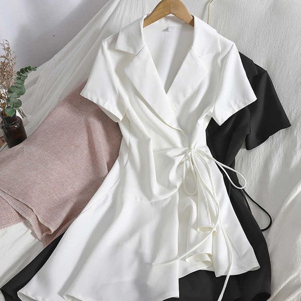 

black/white irregular mini dress women casual drawstring short sleeve turn-down collar high waist ruffle office ladies vestidos y0603, Black;gray