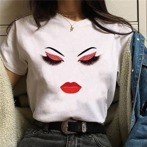 

90s makeup art eyelash women t shirt printing fashion beautiful kawaii street clothing summer clothes, White
