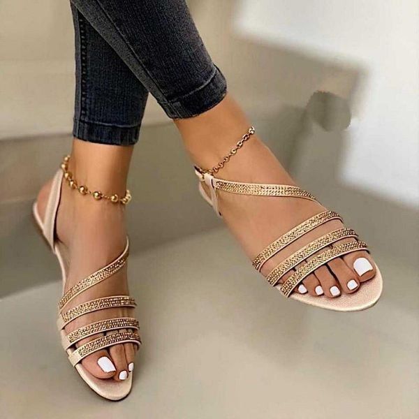 

women's sandals casual ladies flat shoes rhinestones bling summer comfort cross slip on woman sandalias female footwear 2021, Black