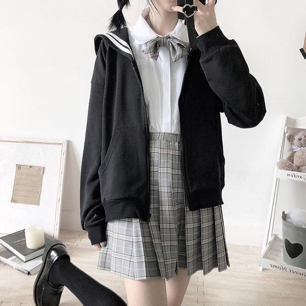 

women's hoodies & sweatshirts kawaii black zip up hoodie women sailor collar sweatshirt japanese streetwear soft girl 2021 fashion over