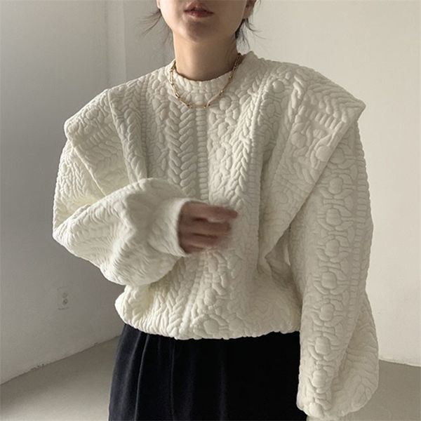 

[ewq] korea autumn sweatshirt female o neck loose splicing fake 2 piece pullover long sleeve black clothing warm winter 211206