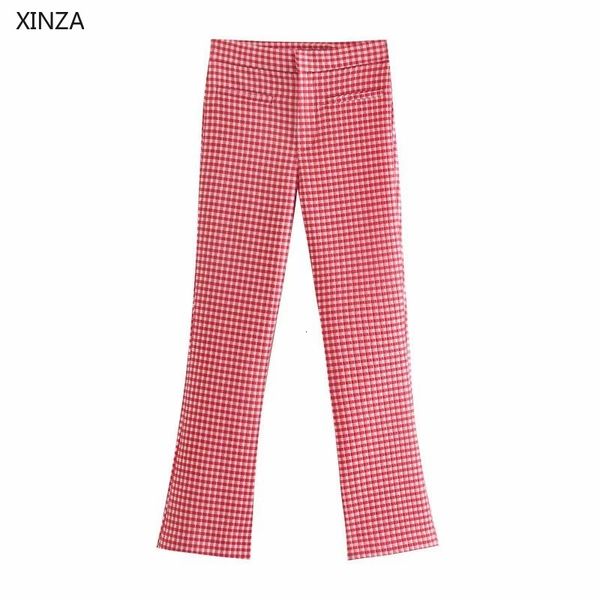 

women's pants & capris women plaid high waist flare vintage red gingham summer trouser chic front welt pockets woman casual y9wi, Black;white