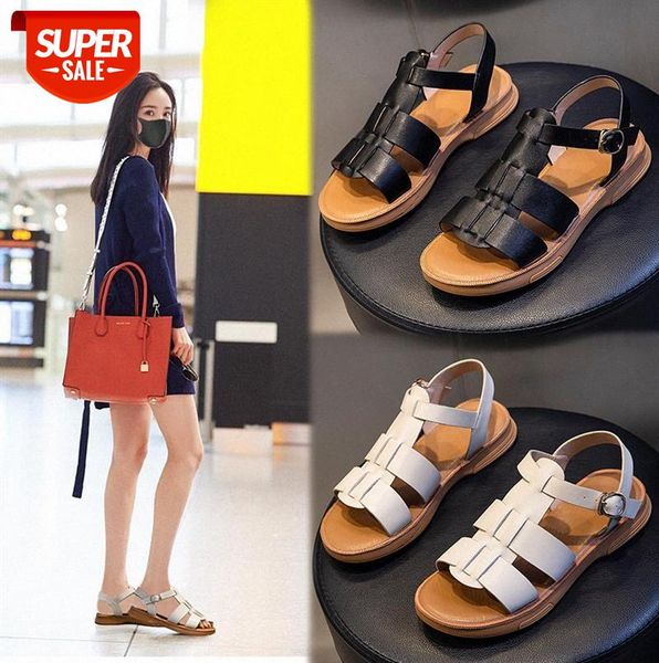 

leather buckle sandals fish mouth flat large size women's shoes casual fairy style women #zj2e, Black