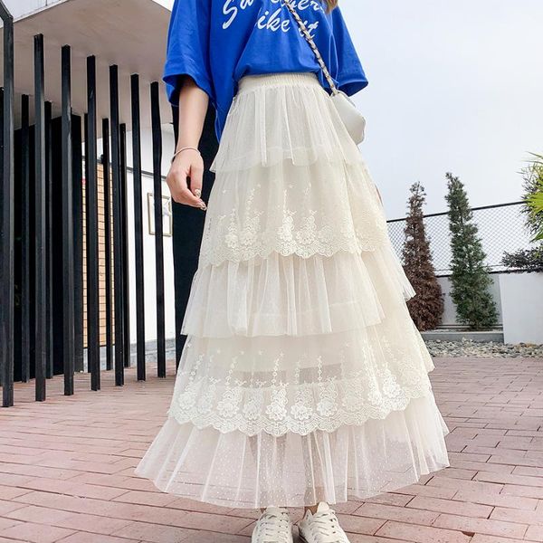 

skirts 2021 spring fashion women tutu lace mesh long skirt clothing #571, Black
