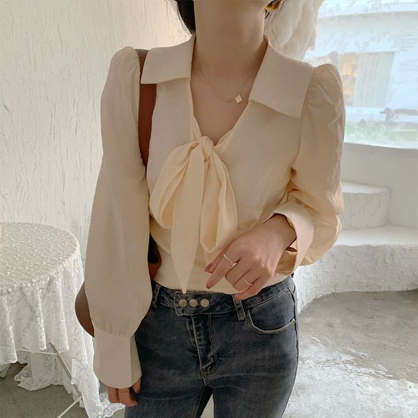 

korean style shirt french royal style blouse spring super fairy lace-up bow lapel blusas all-match simple slimming for women, White