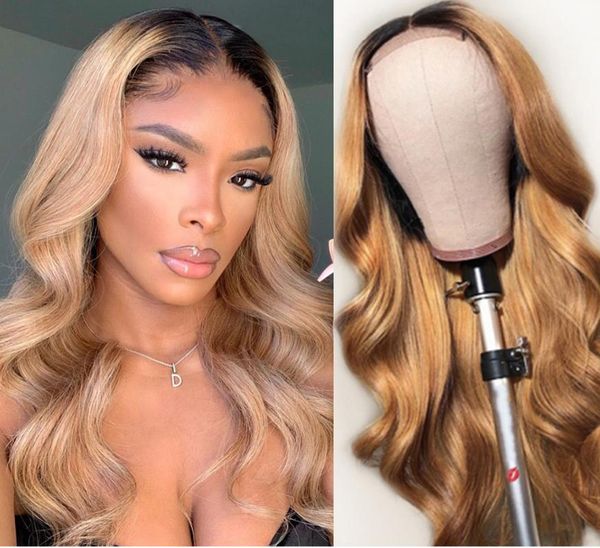 

lace wigs ombre body wave frontal wig honey blonde highlight 1b/27 front human hair t part, Black;brown