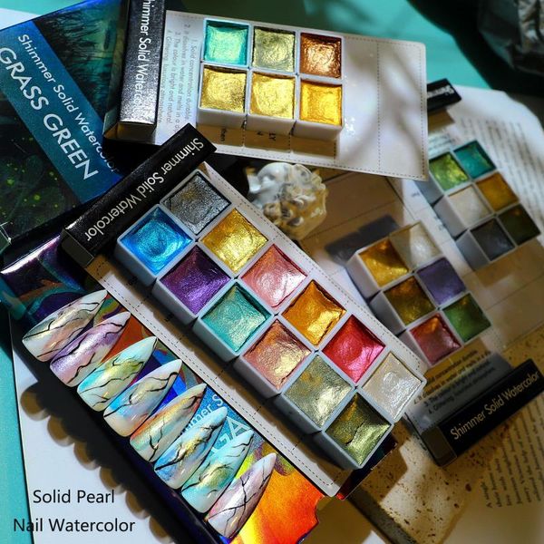

nail glitter solid pearl water color star light dark watercolor paint aart painting 6 grids/12 grids, Silver;gold