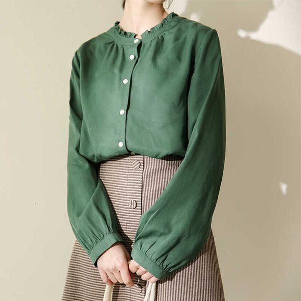 

women's blouses & shirts korean fashion literary fresh avocado green ladies frill stand collar long sleeve button up shirt wo, White