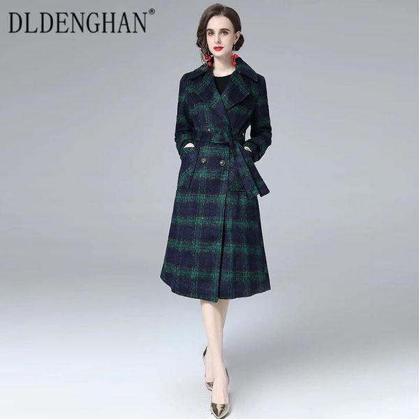 

women's wool & blends dldenghan fashion designer autumn winter plaid coat long sleeve sashes pockets double breasted overcoat outwear, Black