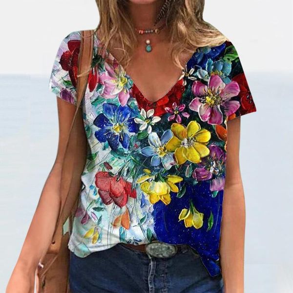 

40# harajuku vintage elegant blouses women floral print character v-neck short-sleeved casual female blusas mujer women's & shirts, White