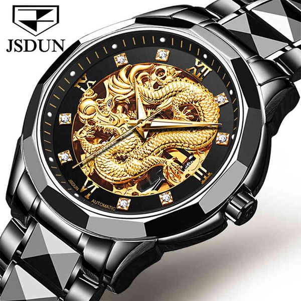 

jsdun gold dragon automatic watch men mechanical skeleton stainless steel sapphire 50m waterproof fashion relogio masculino, Slivery;brown