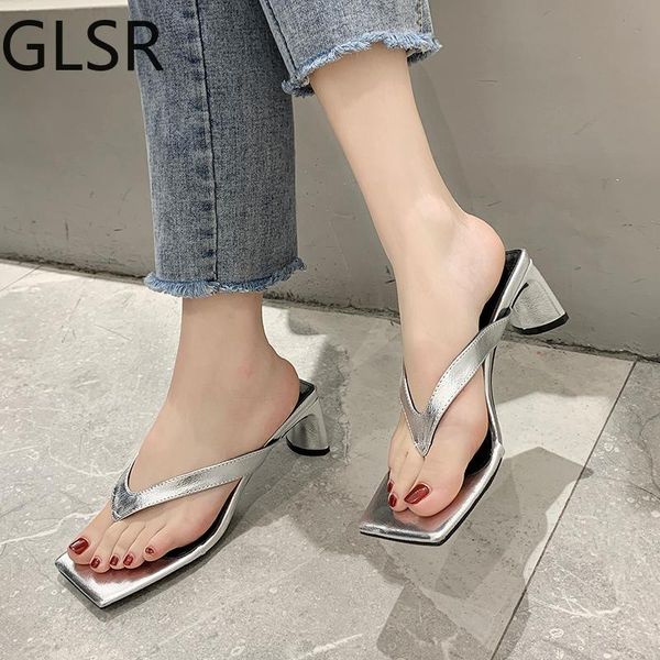 

2021clip toe high heels slippers women silver white square party slides fashion sandals female, Black