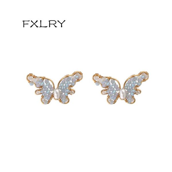 

stud fxlry origial natural freshwater pearl handmade creative crystal butterfly earrings for women party jewely, Golden;silver