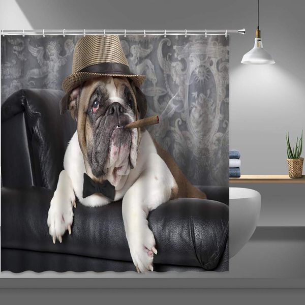 

funny animal shower curtains for bathroom,cute pet dog with cigar fabric shower curtain with plastic hooks,69x70 inch