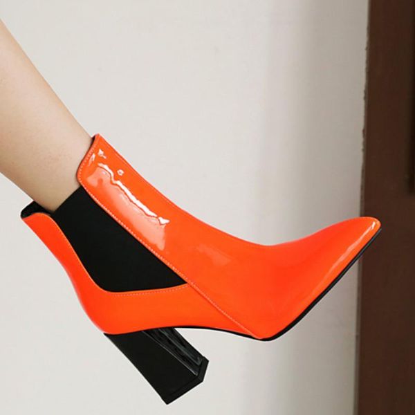 

boots fanyuan pointed toe slip on women shoes square heel short plush ankle autumn winter pu leather size 34-43, Black