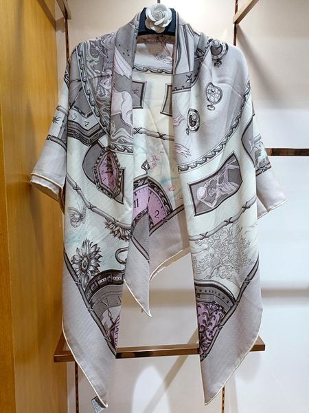 

scarves high-end elegant women simple light grey clock horse printing quality silk cashmere versatile warm large square scarf shawl, Blue;gray