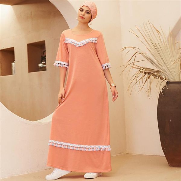 

summer fashion half sleeved womens dress round neck casual knitted stretch loose long home pure color stitching tassel wild t, Black;gray