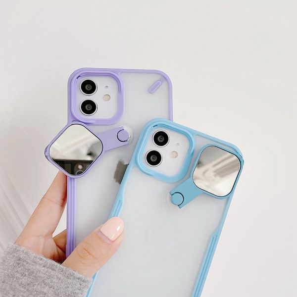 Casos de telefone kickstand para iPhone 12 pro máximo mini 11 xs x 8 7 mais novo design câmera lente proteção espelho transparente compõem selfie caso auxiliar Capa traseira clara