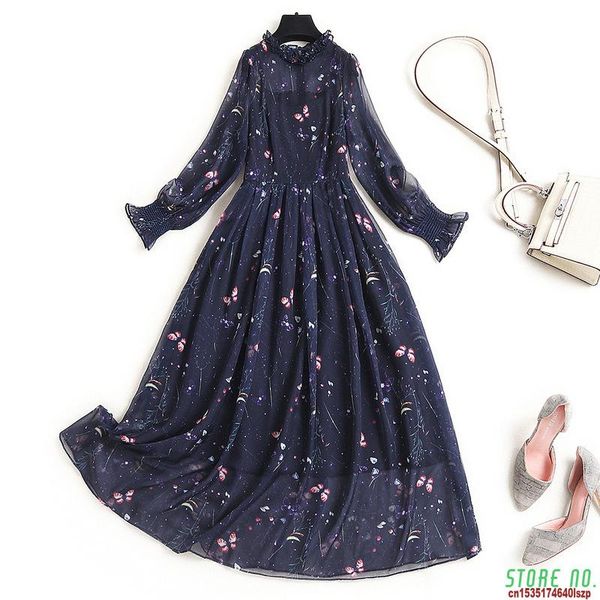 

casual dresses 2021 spring strongly recommended graceful floral chiffon long dress for ladies, Black;gray