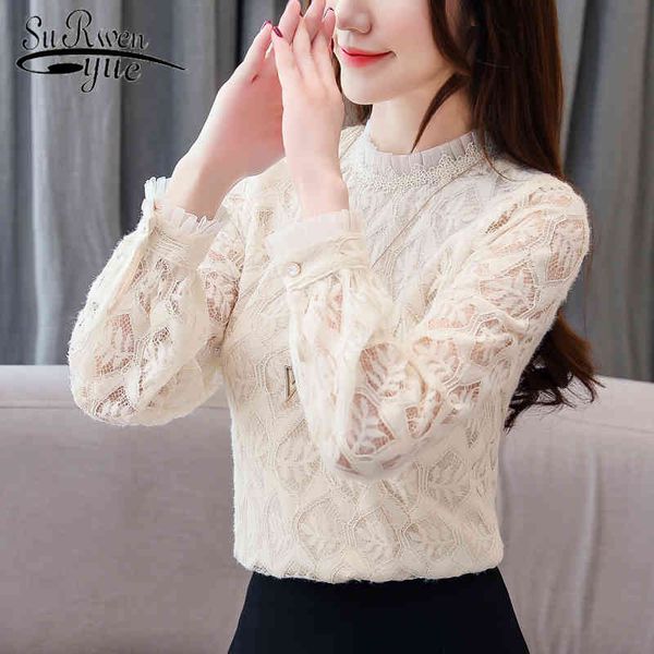 

spring arrival lace blouse elegant long sleeve shirt women pink loose korean style blusas 8022 50 210521, White
