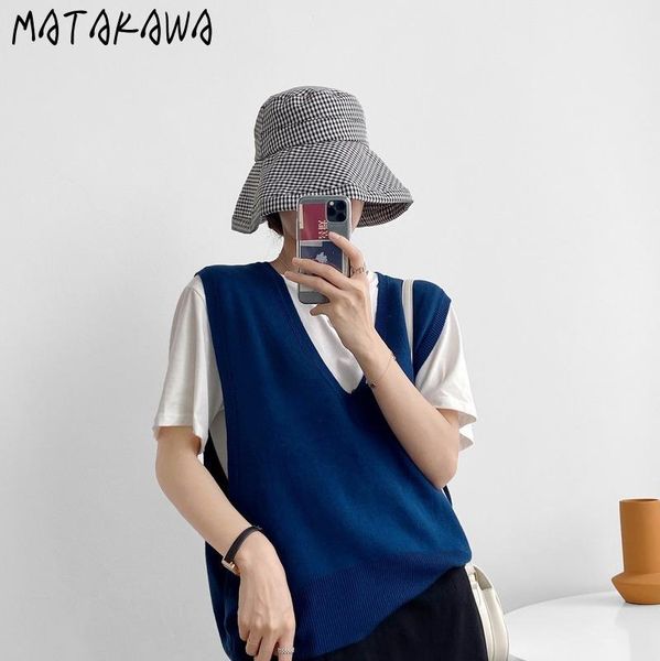 

women's vests matakawa solid color pullover waistcoat vest autumn 2021 loose v-neck sleeveless knitted women, Black;white