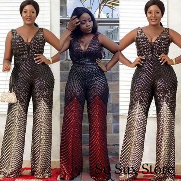 

women's jumpsuits & rompers jumpsuit women sequins bandage bodycon africa clothing v-neck sleeveless long pants stretch bodysuit party, Black;white