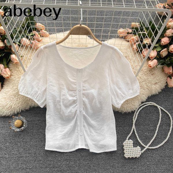 

women design korean blouse sweet puff sleeve o neck solid casual summer fashion streetwear short blouses 210715, White