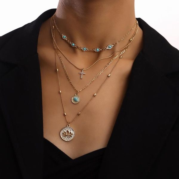 

pendant necklaces hollow lotus coin cross pendants for women gold color layered necklace female 2021 fashion jewelry simple, Silver
