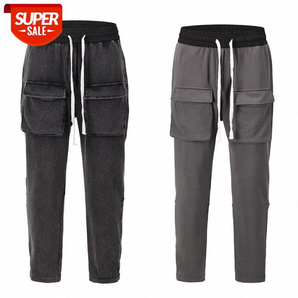

street retro washed and old three-dimensional multi-pocket velcro can be tied to the feet wild straight casual pants trousers #vy4t, Black