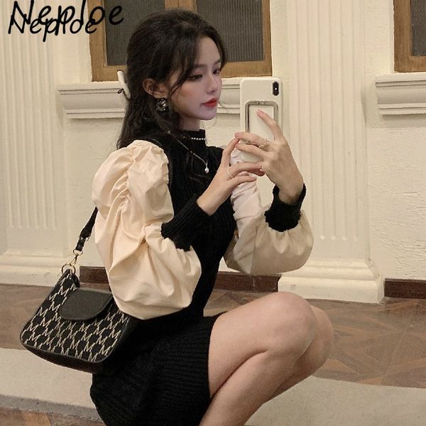 

neploe o neck pullover long sleeve dress women high waist hip bodycon vestidos puff long sleeve hit color patch robe ol spring 210423, Black;gray