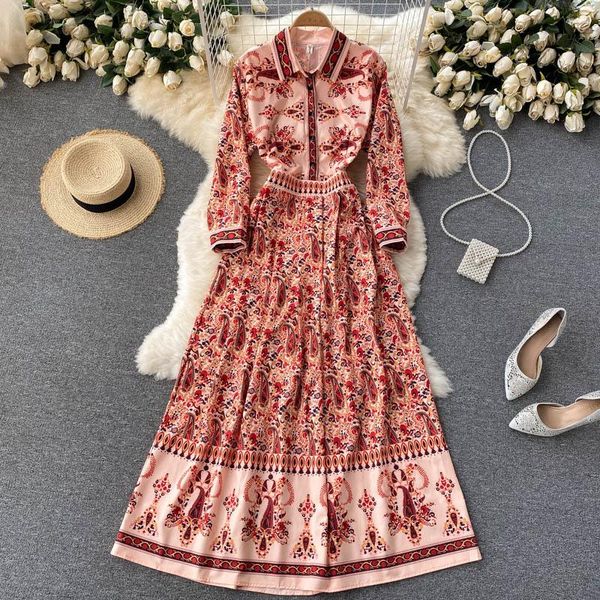 

casual dresses vintage printed long sleeve single breasted shirt dress for women spring autumn elegant office wear streetwear chic vestidos, Black;gray