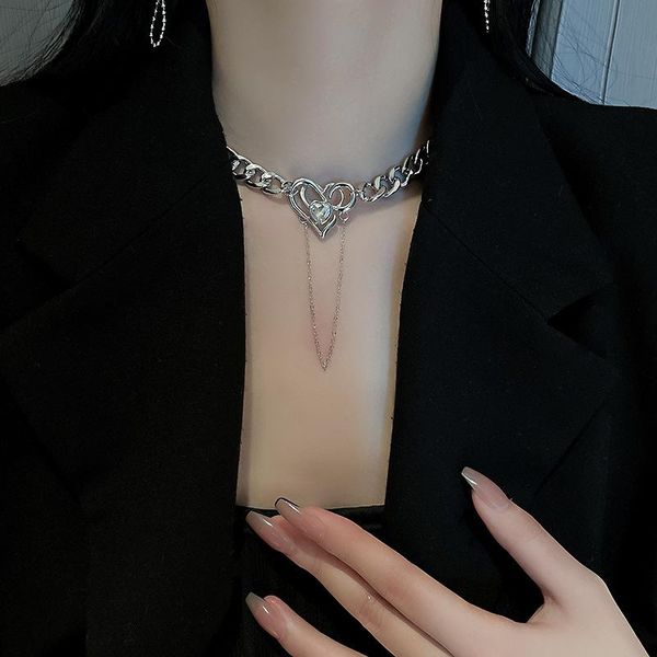 

chains fashion all-match single layer tassel necklace female simple temperament diamond love heart pendant, Silver